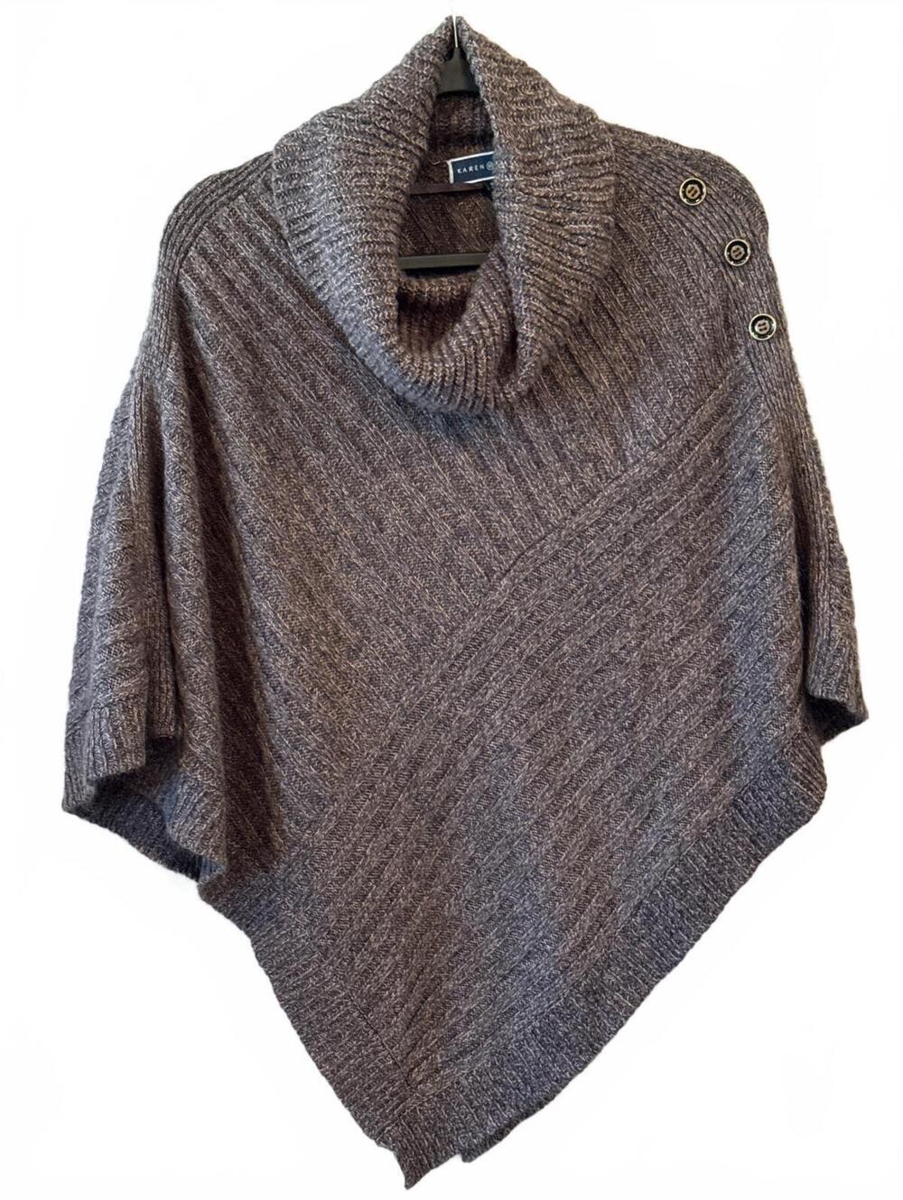 Karen Scott Brown Knit Poncho with Button Detail, Size Small